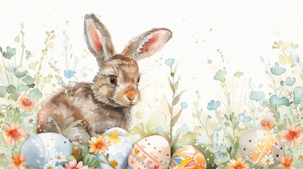 Watercolor illustration. Bunny with pastel colored Easter eggs and delicate wildflowers on white background. Charming springtime atmosphere. - 768965129