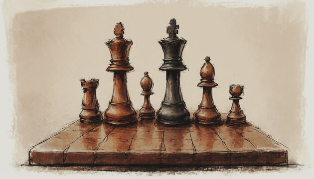 illustrazione con pezzi del gioco degli scacchi su scacchiera in legno