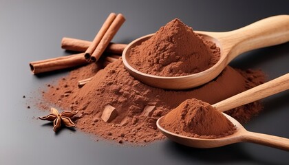 Cocoa powder and cinnamon sticks with wooden spoon isolated on white background - obrazy, fototapety, plakaty