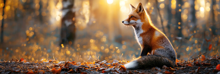 wild red fox in summer on forest at sunset
