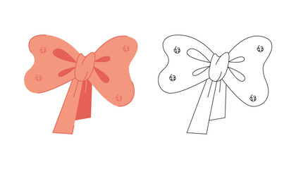 A small set with two hair bows. Colored, black and white doodle vector illustration.