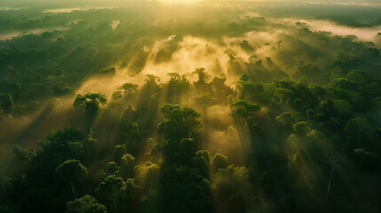 Fototapeta na wymiar Sunrise illuminating a misty tropical forest.