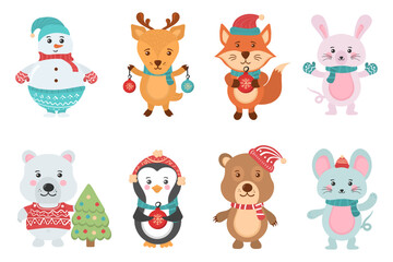 Holidays cartoon character in flat design. Greeting flyers. Hand drawn card, banner with Christmas cute animals and snowmen in Santa Claus hats, sweaters, lights. Vector illustration.