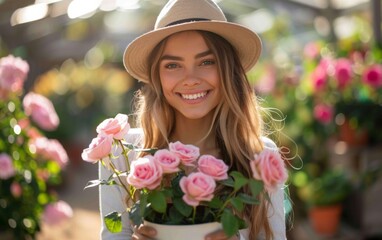 A woman in a sun hat is smiling while holding a pot of pink roses - obrazy, fototapety, plakaty