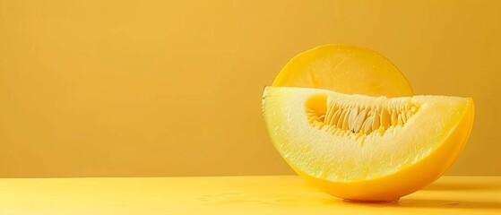   A melon sits atop a yellow table, with a slice adjacent featuring a missing chunk