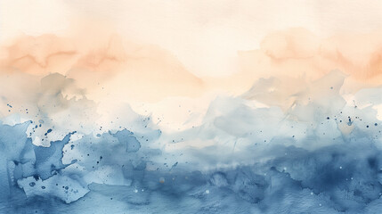 Watercolor painted mountainous landscape with blue and orange hues.