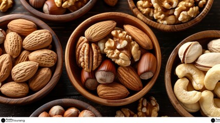 Assortment of various nuts forming a textured natural background, seen from a top down perspective