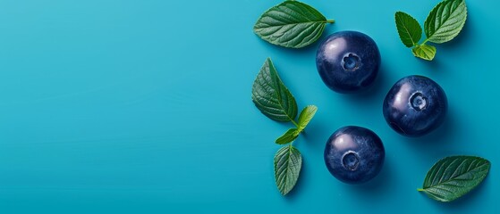   A cluster of blueberries nestled against lush green foliage on a vibrant blue backdrop, with a space for added text or imagery - obrazy, fototapety, plakaty