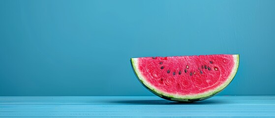   A watermelon slice rests on a blue table adjacent to another watermelon