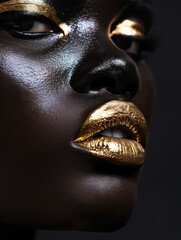 A close-up of a womans face with striking gold lips and makeup, highlighting the glamorous and luxurious beauty look