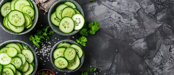Foto op Plexiglas   Cucumber slices are arranged in small bowls on a gray surface with a seasoning bowl nearby © Jevjenijs