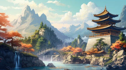 Mountain peak temple with autumn foliage by river. Wall art wallpaper