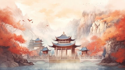 Serene temple amidst autumn foliage by watercolor mountains. Wall art wallpaper