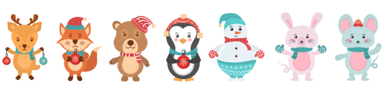 Holidays cartoon character in flat design. Greeting flyers. Hand drawn card, banner with Christmas cute animals and snowmen in Santa Claus hats, sweaters, lights. Vector illustration.