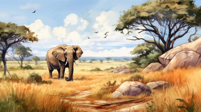 Elephant grazing on sunny African savanna landscape. Wall art wallpaper