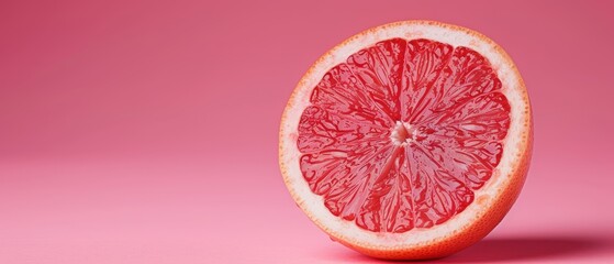   Close-up of a grapefruit with bite taken out, on a pink background