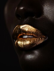 Close-up of a womans face with bold gold lipstick applied, showcasing a glamorous makeup look