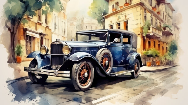 Elegant vintage automobile parked on European street scene. Wall art wallpaper