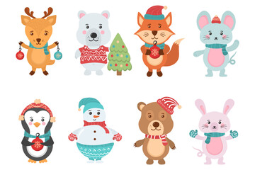 Fototapeta premium Holidays cartoon character in flat design. Greeting flyers. Hand drawn card, banner with Christmas cute animals and snowmen in Santa Claus hats, sweaters, lights. Vector illustration.