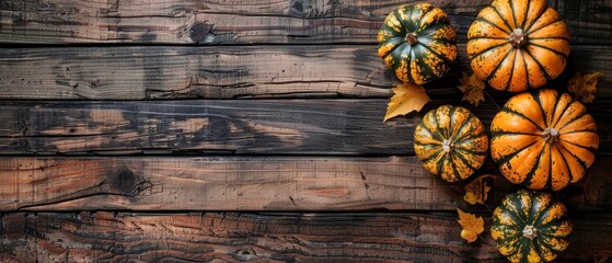   A wooden table supports an assortment of pumpkins - orange, green, and stacked atop - obrazy, fototapety, plakaty