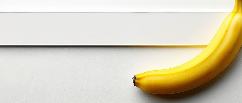   A yellow banana sits on a white table, adjacent to a whiteboard featuring a banana image