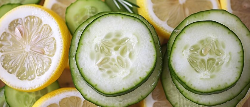   Close-up of cut cucumber and lemon on board with knife between slices