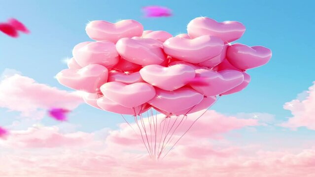 Pink floating balloons with pink wavy clouds depict the bond of love and harmony, the concept of giving and saying thanks to your beloved partner