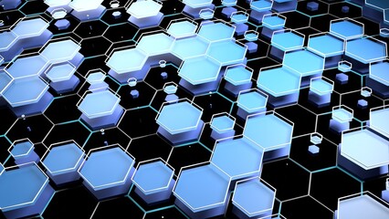 High tech geometric hexagon background 3d illustration. Can be used to represent artificial intelligence research, video games computer graphics or management of cyberspace information