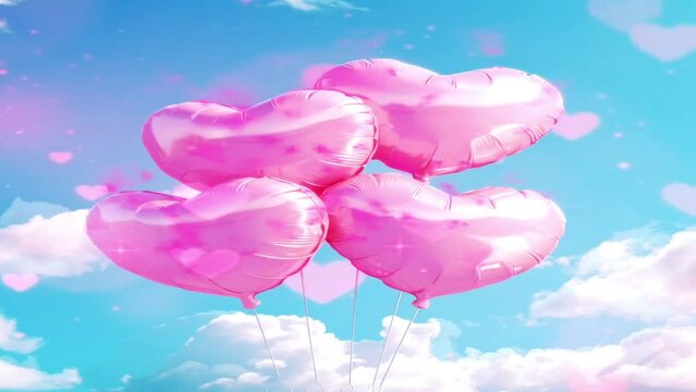 Pink floating balloons with pink wavy clouds depict the bond of love and harmony, the concept of giving and saying thanks to your beloved partner