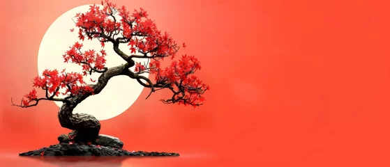 Foto op Plexiglas   A red bonsai tree on a rock in front of a red background with the moon in the distance © Jevjenijs