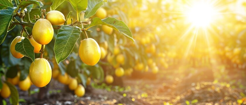   Lemons dangling from a tree under the shining sun, with fruit remaining intact