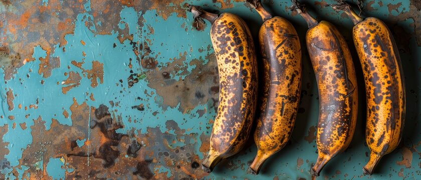   A cluster of succulent bananas perched atop a weather-beaten blue table, adorned with faded metal and peeling paint