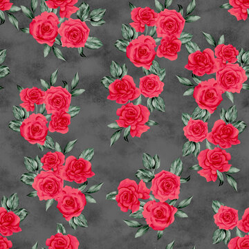 Watercolor flowers pattern, red romantic roses, green leaves, gray background, seamless