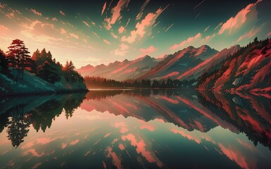 An illustration of a tranquil lake landscape, with calm waters reflecting the surrounding mountains
