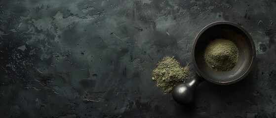   A bowl of green powder sits on a black surface next to two spoons The background is dark gray