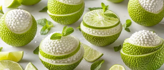 Foto op Plexiglas   Close-up of limes and lime slices on a white background with surrounding limes © Jevjenijs