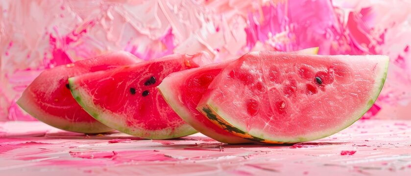   Pink-and-white surface with watermelon slices and splattered paint