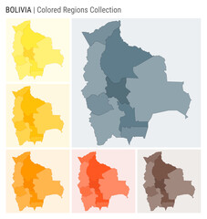 Bolivia map collection. Country shape with colored regions. Blue Grey, Yellow, Amber, Orange, Deep Orange, Brown color palettes. Border of Bolivia with provinces for your infographic.