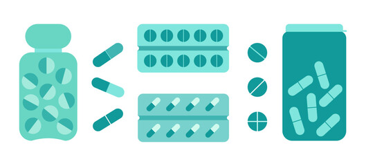 A set of medical tablets and capsules. Blisters and jars with medicines isolated on white background. For medical product design. Vector design in flat style 