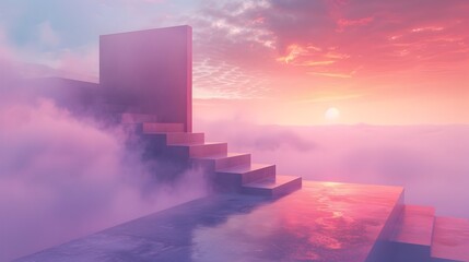 Geometric Staircase Leading to the Sky in a Dreamlike Sunset Landscape