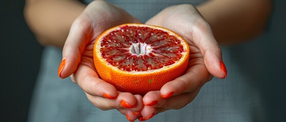   Close-up of a person holding one-half grapefruit in each hand - obrazy, fototapety, plakaty