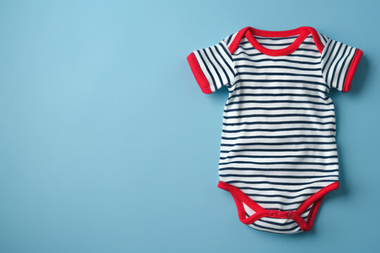 Striped Baby Bodysuit With Red Trim on Blue Background