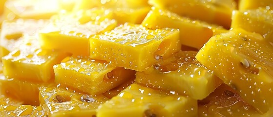   Close-up of a cut pineapple on a cutting board with water droplets - obrazy, fototapety, plakaty