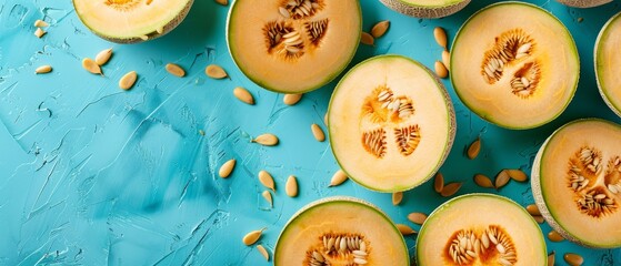   A melon sliced in two halves on a blue background with nuts scattered around it