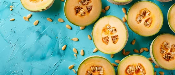 Foto op Aluminium   A melon sliced in two halves on a blue background with nuts scattered around it © Jevjenijs