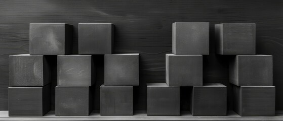   Black and white image of a group of cubes against a wooden wall on a dark background