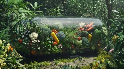 Giant capsule overflowing with fresh vegetables a fusion of natural wellness and medical innovation - obrazy, fototapety, plakaty