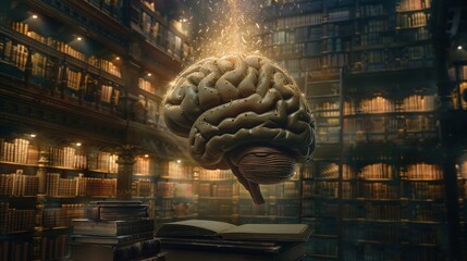 Brain atop a literary tower beacon of knowledge in a library of wisdom - obrazy, fototapety, plakaty