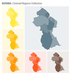 Guyana map collection. Country shape with colored regions. Blue Grey, Yellow, Amber, Orange, Deep Orange, Brown color palettes. Border of Guyana with provinces for your infographic.