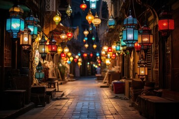 Fototapeta na wymiar Ramadan celebration with colorful lanterns in an old town